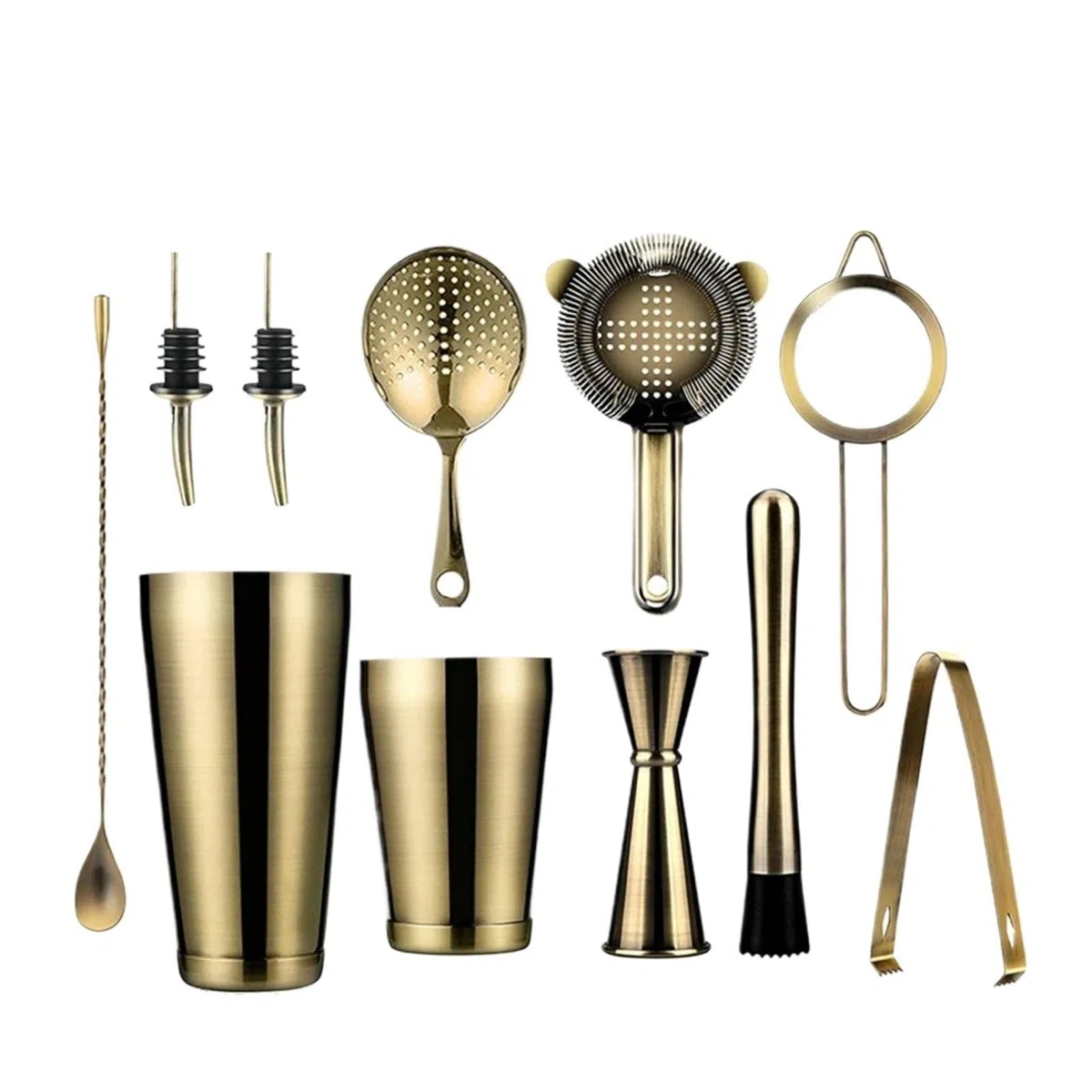 Ensemble shaker à cocktail : 2 shakers, ensemble de passoire, doseuse, pilon et cuillère, pince à glace et bec verseur