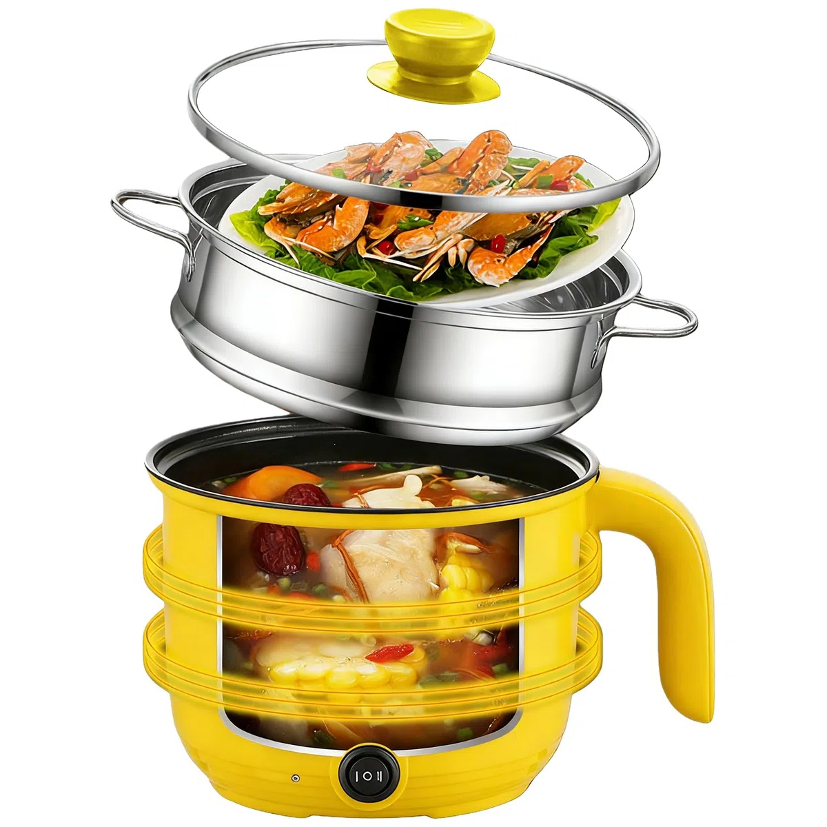 Hotpot électrique avec cuiseur à vapeur, mini poêle électrique multifonction, portable, anti-adhésif, poêle à frire électrique, cuiseur rapide pour steak/pâtes/soupe/œuf/avoine